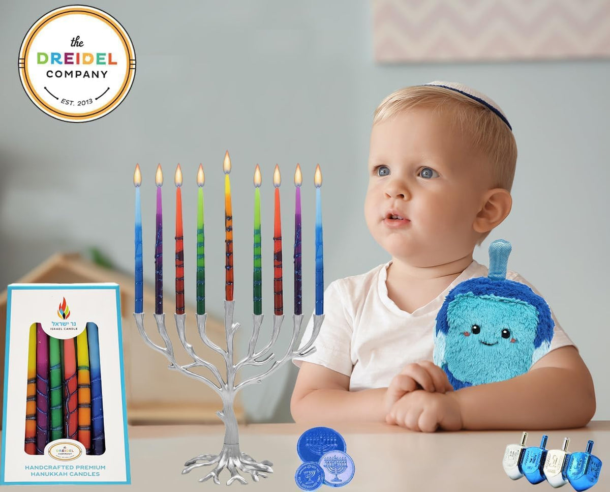 The Dreidel Company 5-Pack Dripless Hanukkah Candles, Multicolored Ombre Striped Deluxe Tapered Decorations, 1 Hour Burn Time, Chanukkah 45 Menorah Candles Box for All 8 Nights of Chanukah