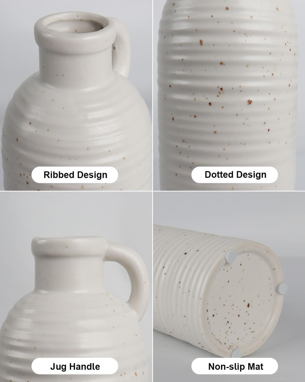 White Polka Dot Vase Set of 3, Ribbed Jugs with Handles for Home Decor
