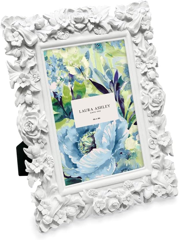 Laura Ashley 4x6 White Floral Textured Hand-Crafted Picture Frame w/Easel