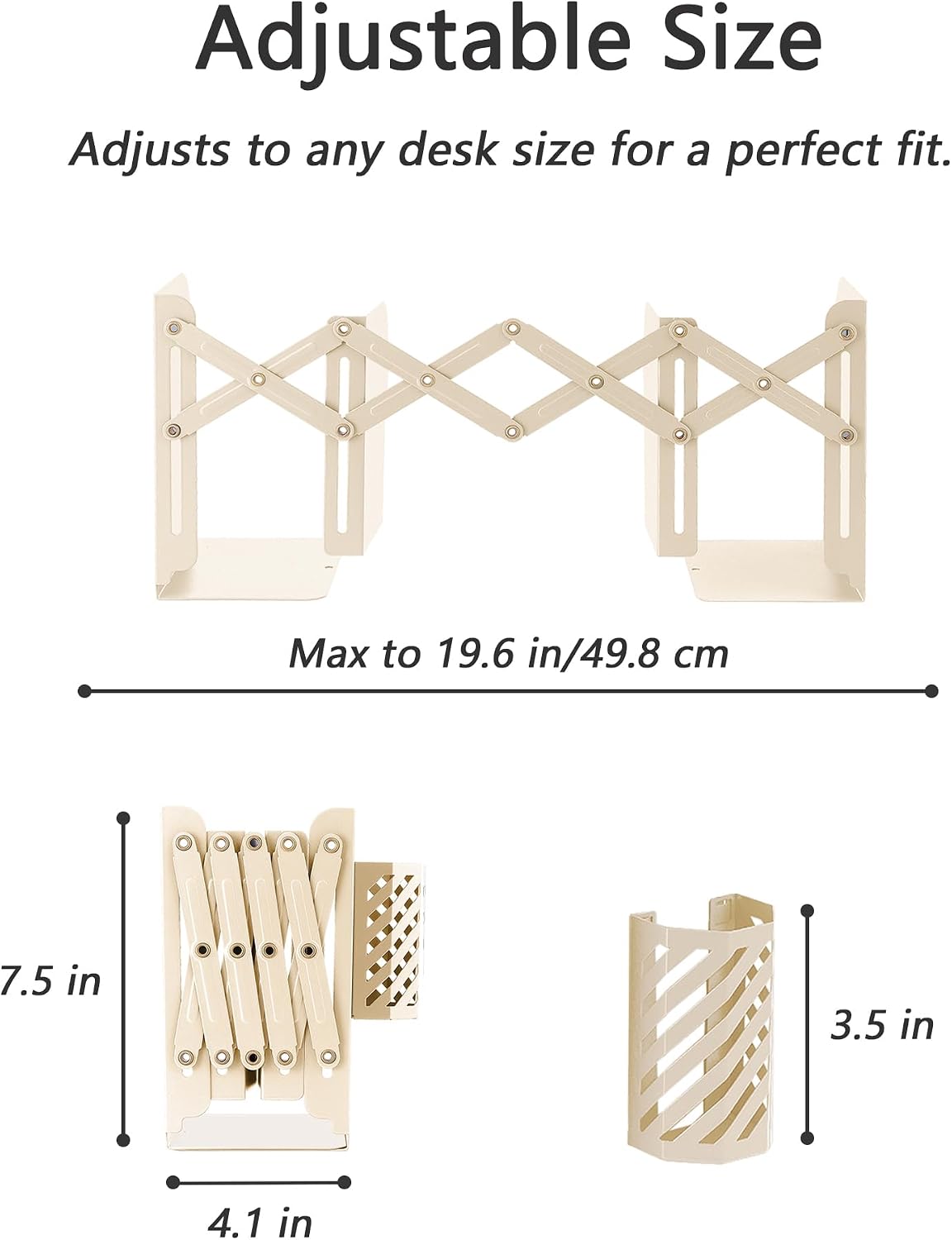 Kingsmile Book Ends, Adjustable Heavy Duty Metal Book Stoppers with Pen Holder for Desk Office Library Kids Room(Light Beige)