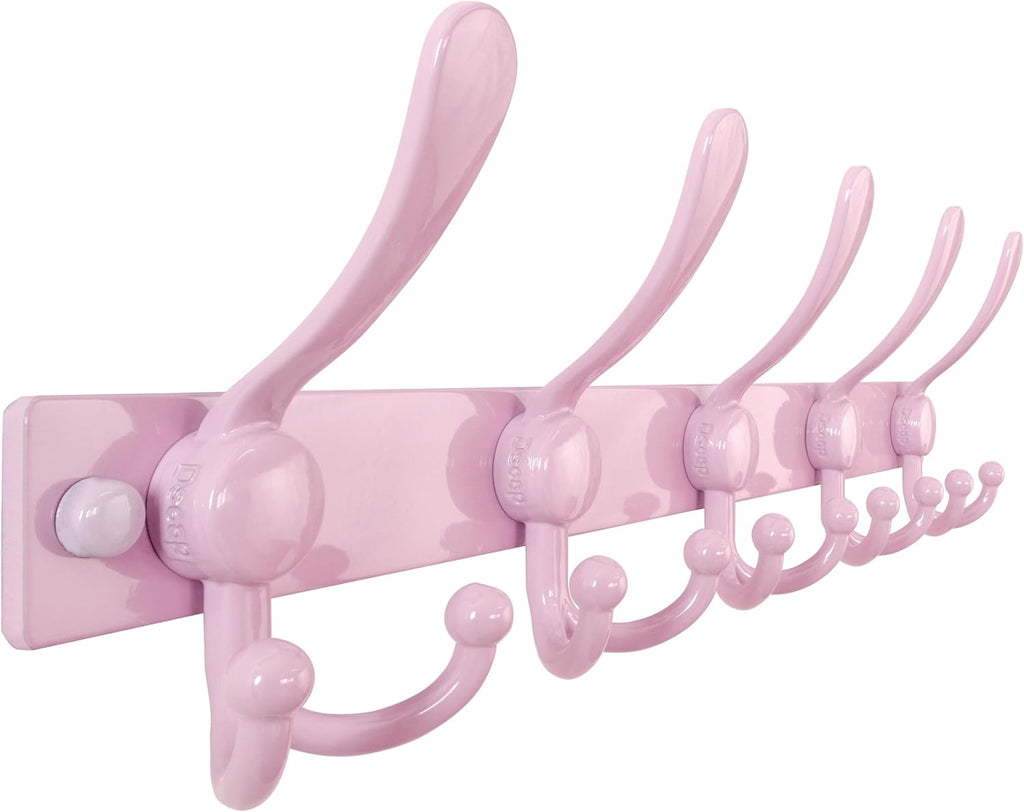 Dseap Coat Rack Wall Mount, Heavy Duty 12-Gauge Base vs Flimsy 1mm, Double-Thick Solid Anti-Snap Hooks, 16” Stud-Mount, Stainless Steel Hanger for Clothes Hat Entryway Closet Mudroom, Pink