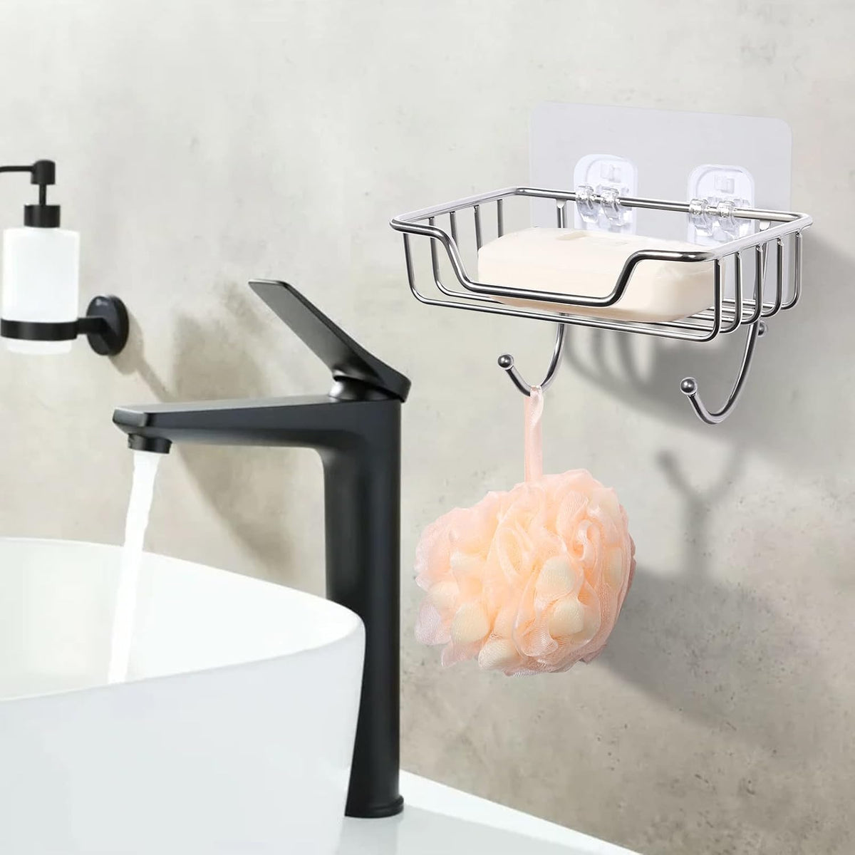 Uten Bar Soap Holder for Shower Wall, Soap Dish Holder with Hooks, No-Drill Stainless Steel Soap Sponge Holder for Bathroom, Silver