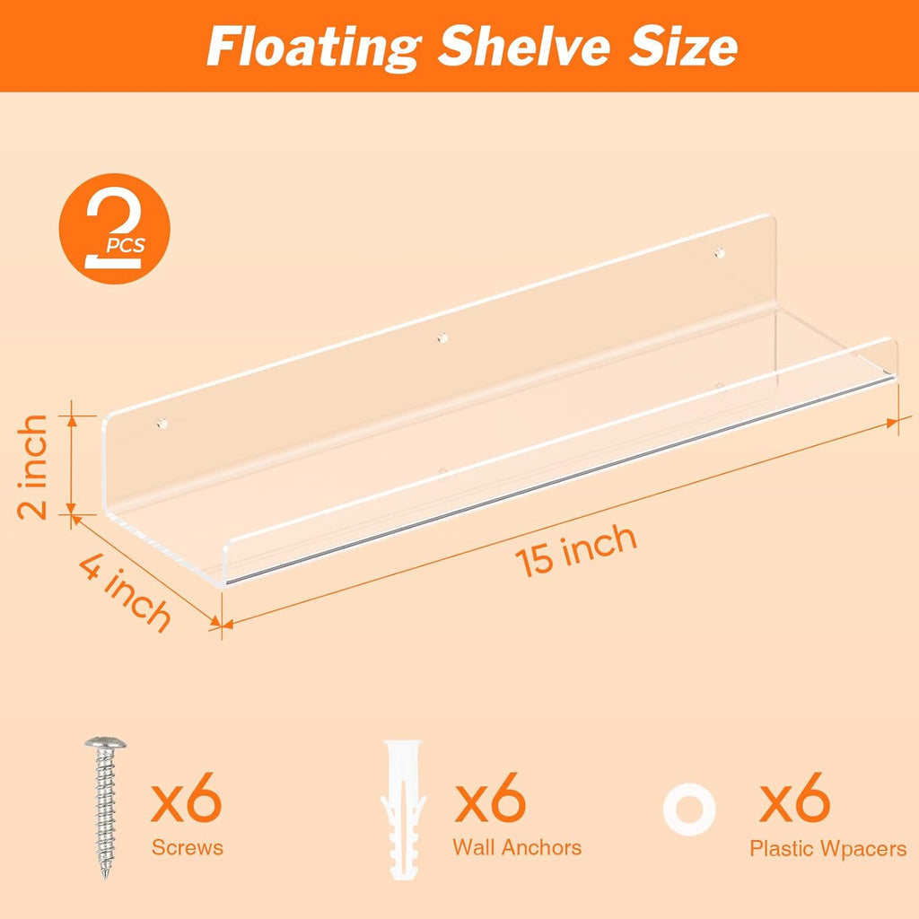 Dooiclear 2 Pack Floating Shelves for Wall, 15" Clear Floating Wall Shelf