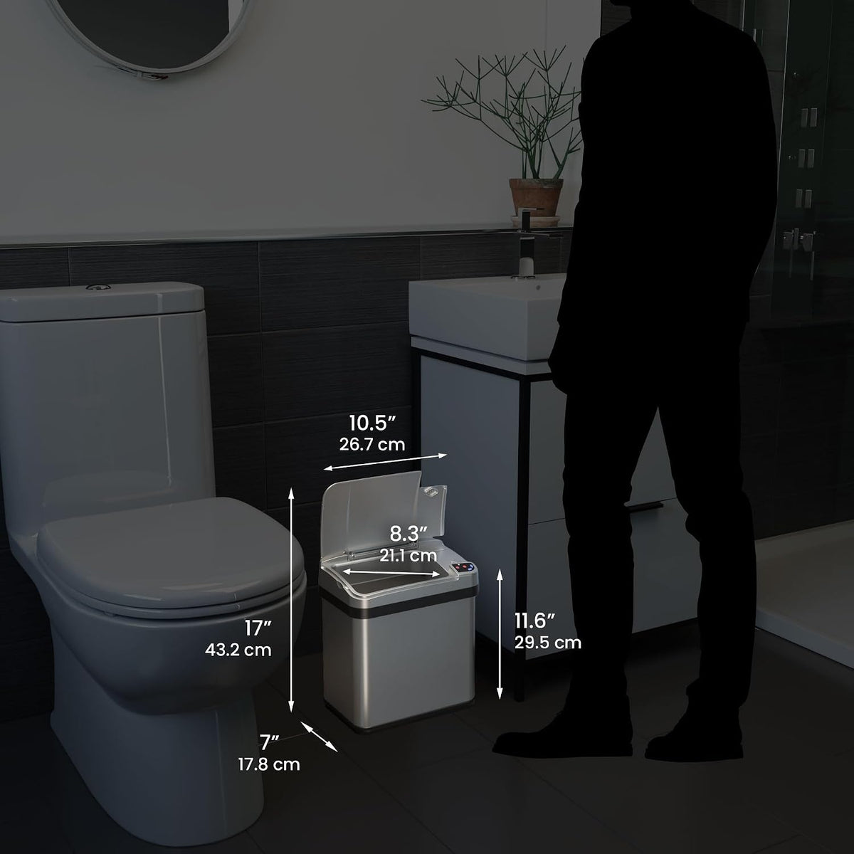iTouchless 2.5 Gallon Bathroom Trash Can with Odor Control, Automatic Motion Sensor Bin, Soft-Close Stainless Steel, Slim Wastebasket for Narrow Spaces, Silver