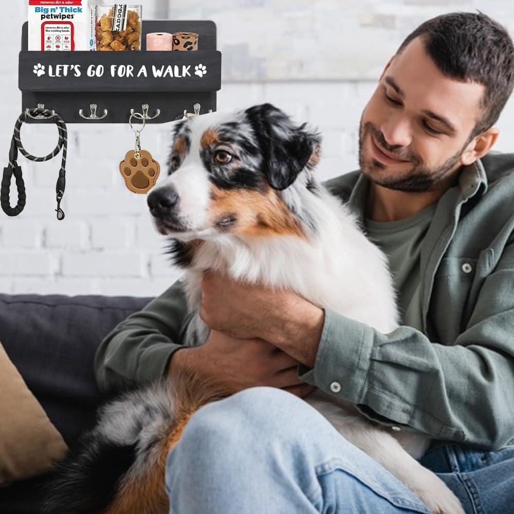 Wood Dog Leash Holder for Wall, with 4 Double Key Hooks