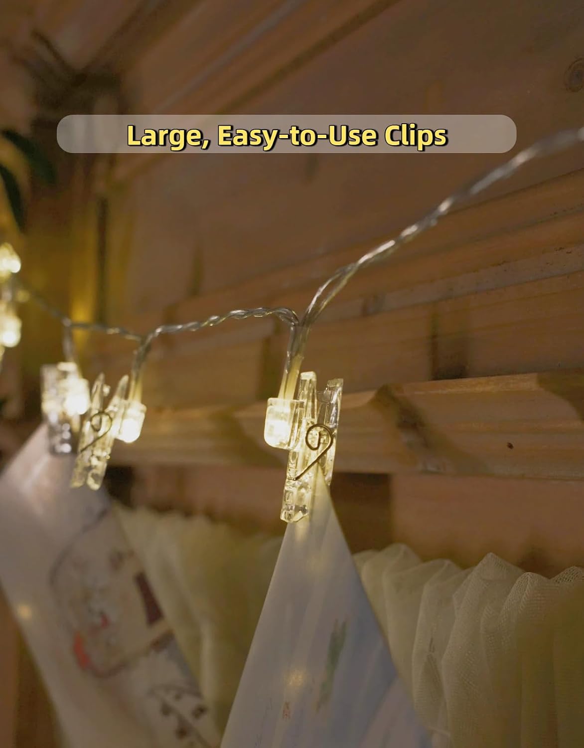 Photo String with Clips 20 LEDs Battery Operated Room Decorations Twinkle Photo Clips String Light for Bedroom Wall Christmas Party Wedding Birthday Classroom, Warm White