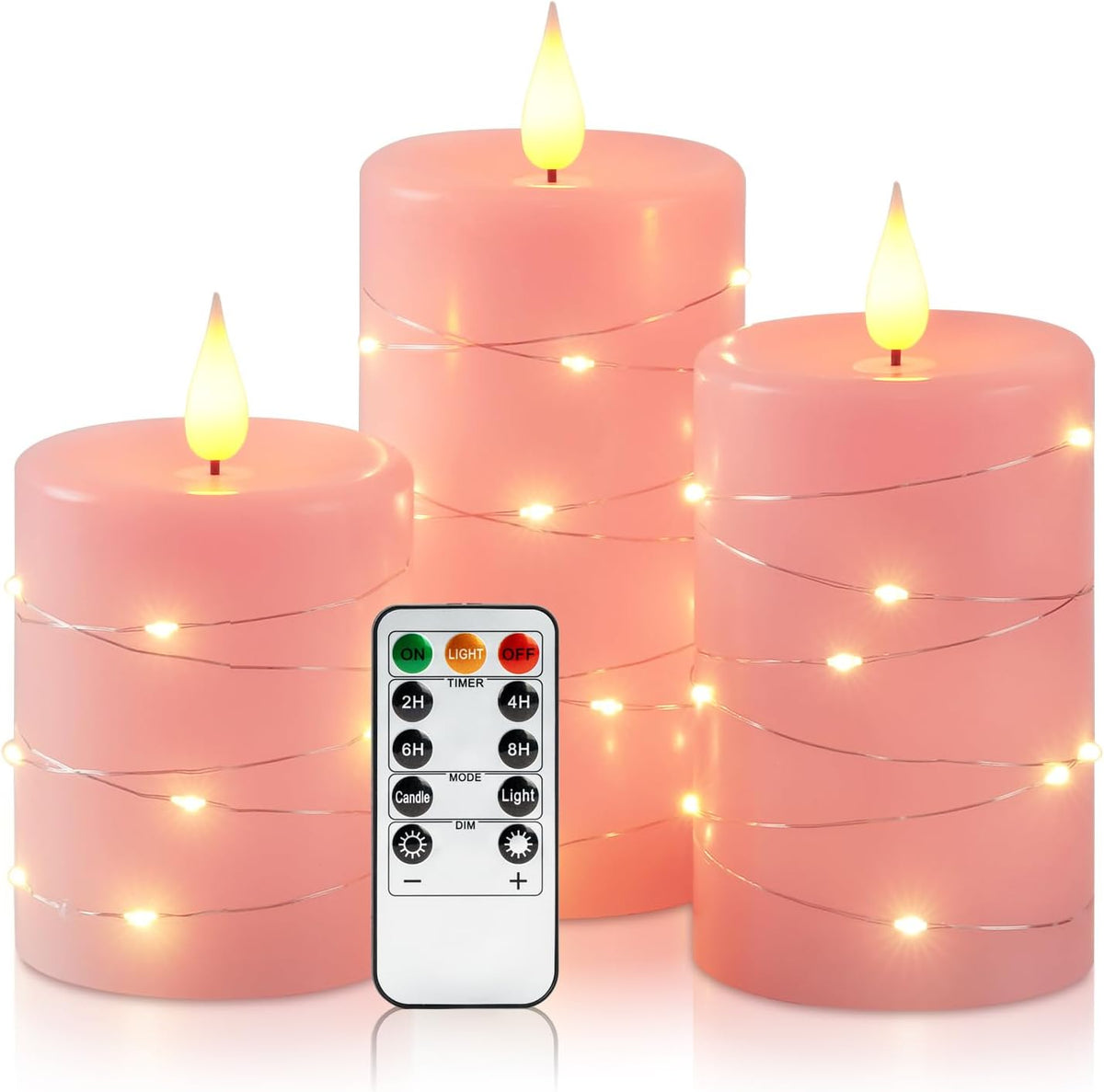 Amagic Real Wax Flameless Candles with Embedded String Lights Set of 3 Pink