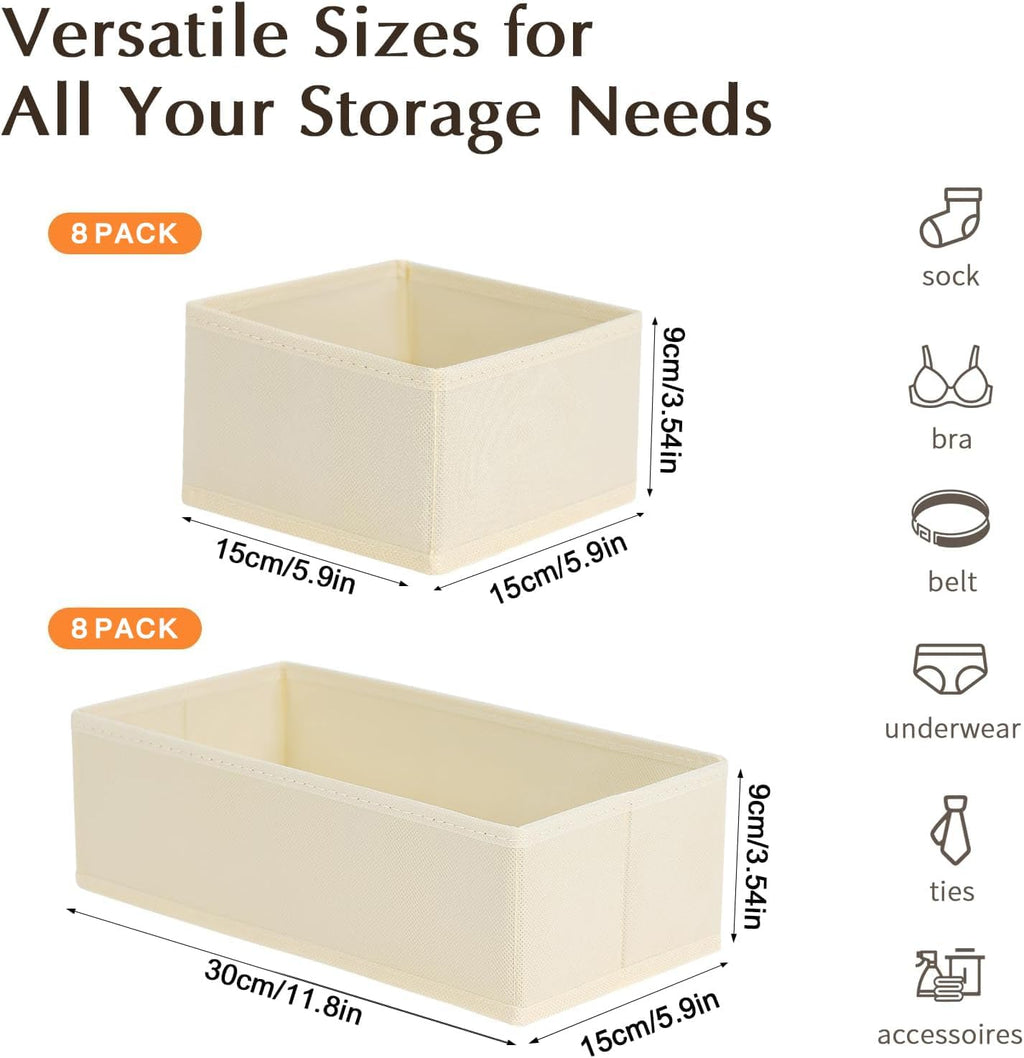 DIMJ Drawer Organizers Clothes, Set of 16 Dresser Organizer Bins, Fabric Closet Organizers and Storage, Shallow Drawer Dividers for Nursery, Clothing, Baby Clothes, Socks, Underwears, Tie (Beige)