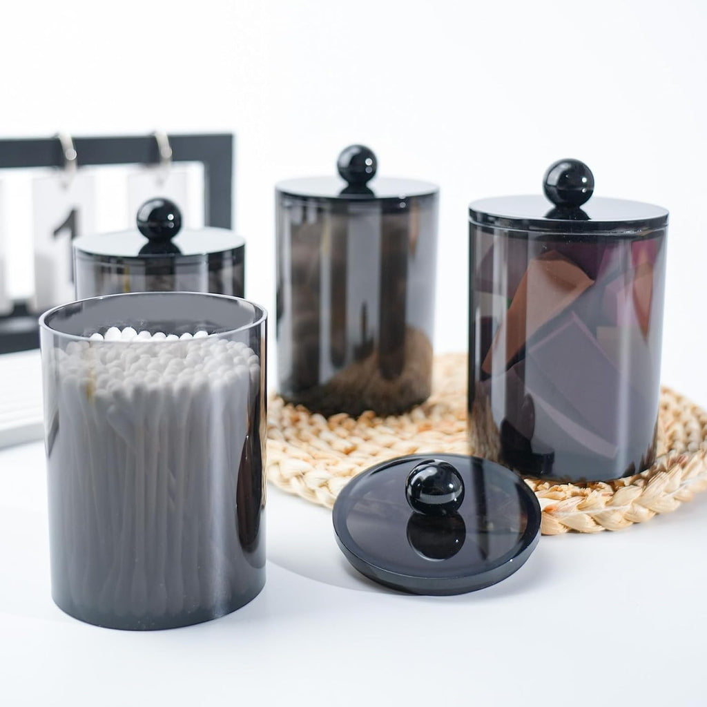 4 Pcs Acrylic Qtip Holder, Cotton Ball Holder Jars with Lids, Black