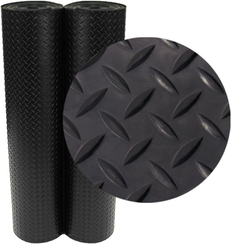 Rubber-Cal Diamond-Plate Rubber Flooring Roll - 3 mm x 4 ft x 1 ft Roll - Black