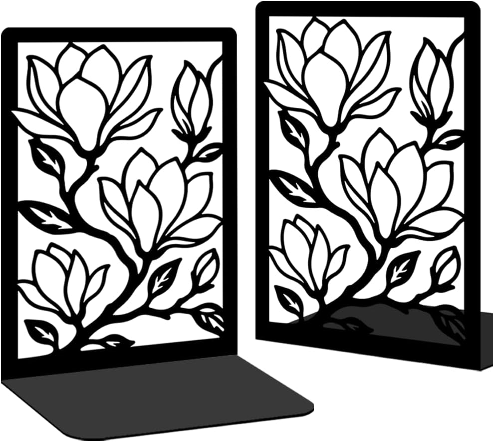 Iron Metal Bookends for Shelves, Magnificent Magnolia Book Ends Decorative Books, Desk Organizer Bookend for Book Display, Non-Slip Bookend for Library Office Home Decor