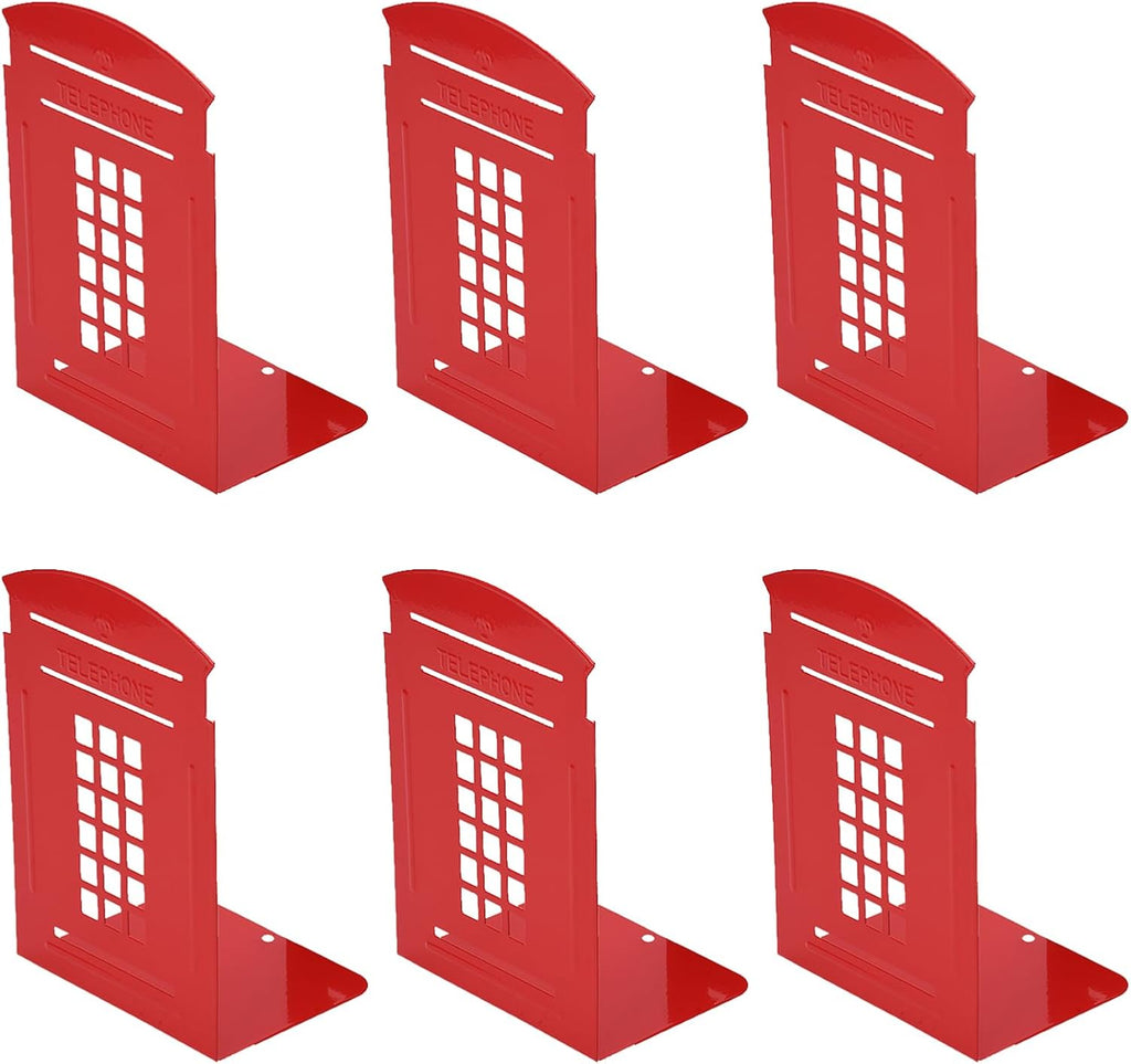 MerryNine 6 Pack Book Ends, Metal Bookends for Shelves, Telephone Booth Decorative Bookends, Non Skid Heavy Bookends, Book, Magazine or CD Organizers for Home and Office (Red-6pcs)