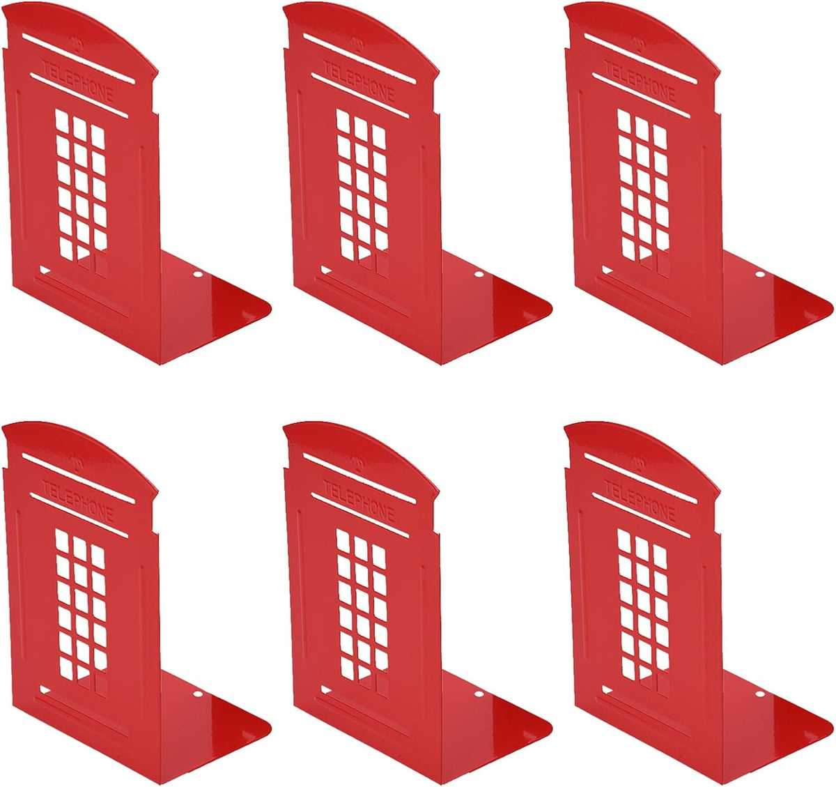 MerryNine 6 Pack Book Ends, Metal Bookends for Shelves, Telephone Booth Decorative Bookends, Non Skid Heavy Bookends, Book, Magazine or CD Organizers for Home and Office (Red-6pcs)