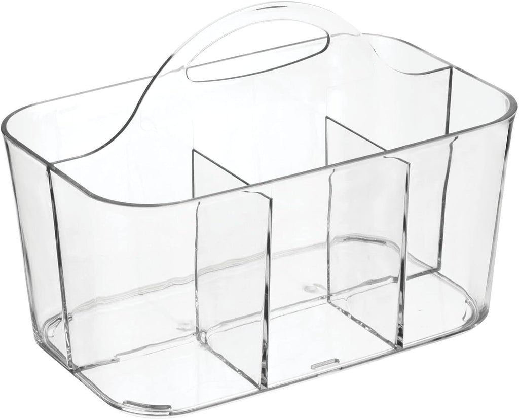 mDesign Small Plastic Shower/Bath Storage Organizer Caddy Tote with Handle for Dorm, Shelf, Cabinet - Hold Soap, Shampoo, Conditioner, Combs, Brushes, Lumiere Collection, Clear (Pack of 2)