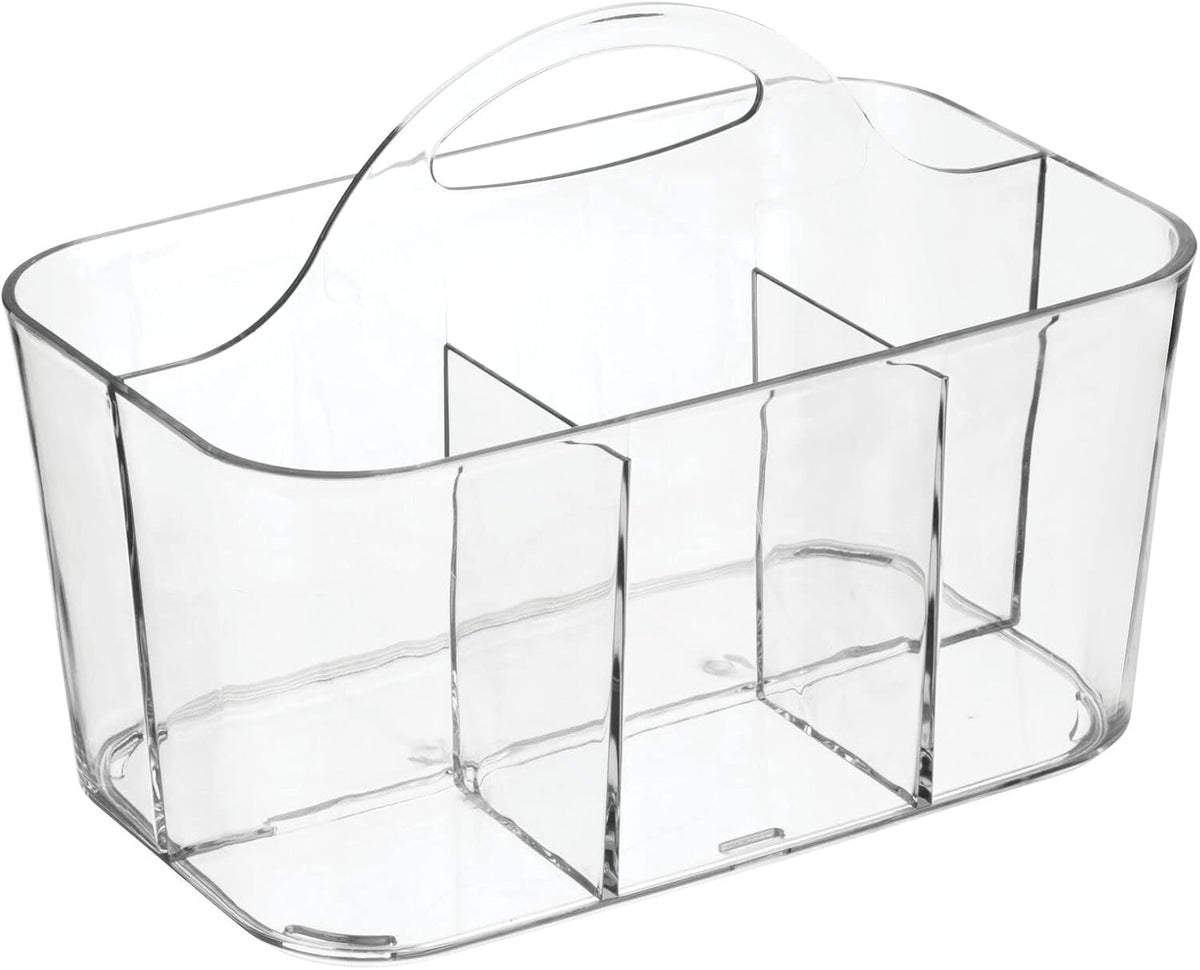 mDesign Small Plastic Shower/Bath Storage Organizer Caddy Tote with Handle for Dorm, Shelf, Cabinet - Hold Soap, Shampoo, Conditioner, Combs, Brushes, Lumiere Collection, Clear (Pack of 2)