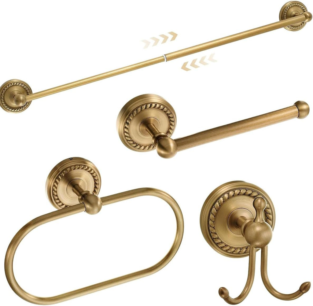 Wall Mounted 4 Pcs Antique Brass Bathroom Hardware Set Gold Bathroom Accessories, Vintage Bath Towel Bar Toilet Paper Holder Towel Ring & Double Robe Hook Kit for Shower Room