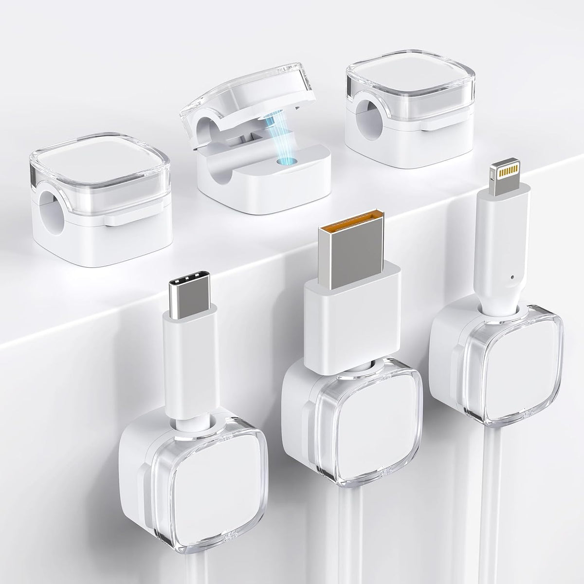 Cord Holder, 6 Pack Magnetic Cable Clips, Strong Adhesive Cord Holder for Nightstand Desk Organizer Kitchen Appliances Car Wall Office Phone Wire Keeper, Clear White