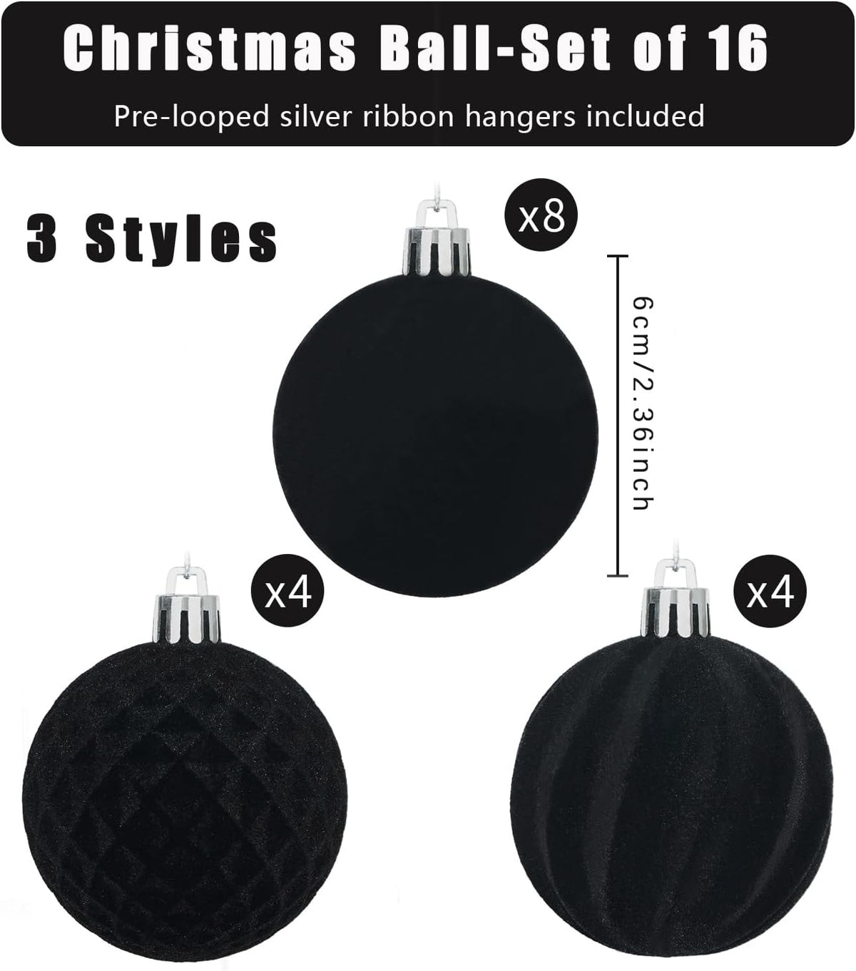 Artmag 16 Pcs Velvet Christmas Balls Hanging Ornaments Set, Shatterproof Plastic Flocked Christmas Tree Balls Xmas Decorations Festival Holiday Party Decor (Black,2.36 Inch)