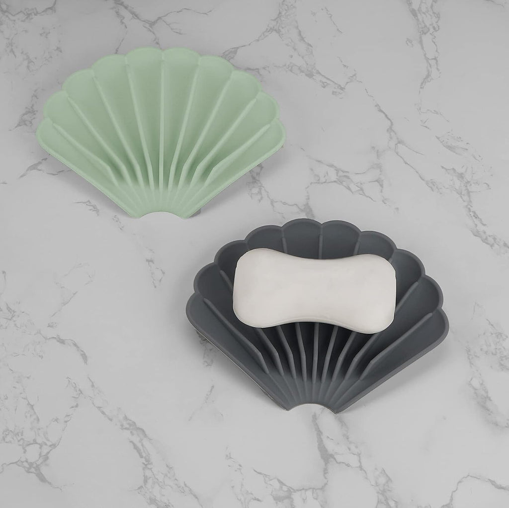 3 Pcs Soap Dishes with Drain, Shell Shape Silicone Self Draining Soap Tray Bar Soap Holder for Bathroom Shower Kitchen (Blue, Green, Grey)