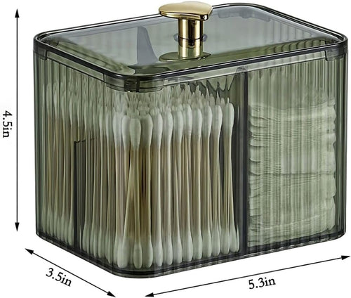 1 Pack 3-Section Clear Qtip Holder with Dustproof Lid, Bathroom Cotton Ball and Qtip Organizer, Cotton Swab Container for Vanity Canisters Jars for Countertop Storage and Organization (Clear-Green)