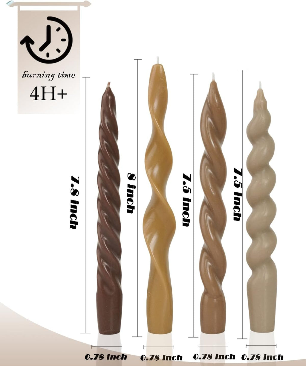 Spiral Taper Candles Brown Short Candle Sticks Unscented Smokeless Twisted Candlesticks for Fall Decor Holiday Dinner Party Christmas Decorations-7.5inch-4pack