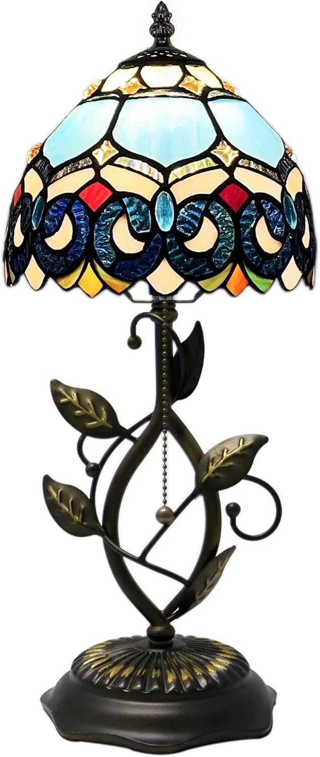 Tiffany Style Stained Glass Table Lamp Blue Jewelry Baroque 18 Inch