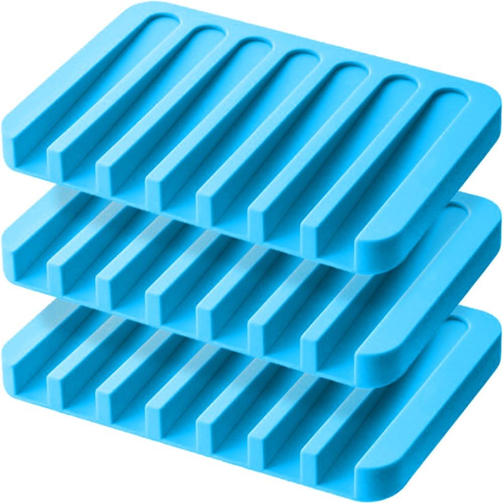 Anwenk Soap Dish Waterfall Soap Saver Tray Soap Holder Drainer for Shower/Bathroom/Kitchen/Counter Top, Keep Bars Dry & Clean,Easy Cleaning, Flexible Silicone-Blue,3 Pack