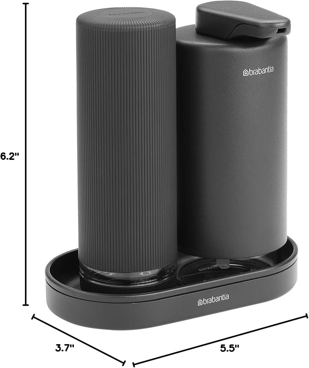 Brabantia - SinkStyle Soap Dispenser Set with 2 Stylish Dispensers for Hand and Dish Soap, Textured Tray, and Soap Squeezer – Mineral Infinite Gray, 2 x 6.8oz