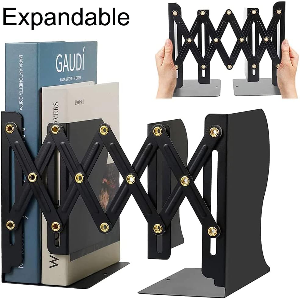 Metal Bookends for Heavy Books, Sturdy Book Stopper to Hold Books Heavy Duty, Adjustable Book Ends for Office & School (Black)