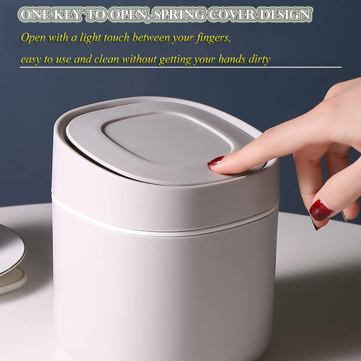 LTWQLing Plastic Mini Trash Can with Lid - 2 L Pop Up Wastebasket for Bathroom Vanity, Desktop, Tabletop or Coffee Table - Dispose of Cotton Rounds, Makeup Sponges, Tissues (Grey)