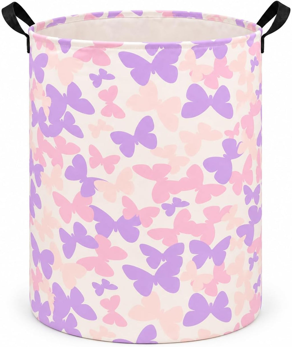 Collapsible Kids Laundry Basket Clothes Hamper, Foldable Storage Organizer Bin, Toy Clothes Storage with Handles for Boys Girls Bedroom, Room Decor Butterfly
