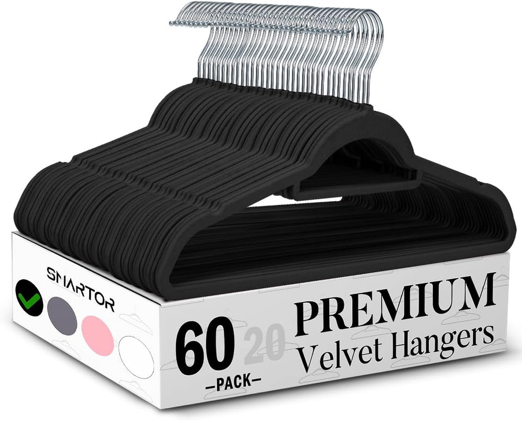 Smartor Black Velvet Hangers 60 Pack, Space Saving Clothes Hangers with Tie Bar, Non-Slip Felt Hanger with Shoulder Notches, Heavy Duty Suit Hanger for Coat, Shirt, Pants, Dress