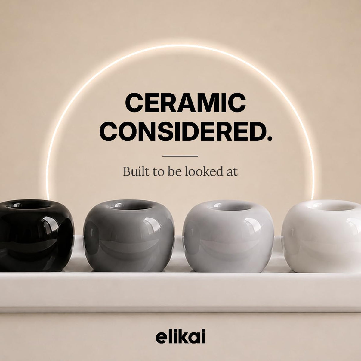 ELIKAI Ceramic Toothbrush Holders with Bathroom Tray, Countertop Organizer for Toothbrushes and Accessories, Hygienic Individual Holder Set (Black, Grey & White, 4 Holders)