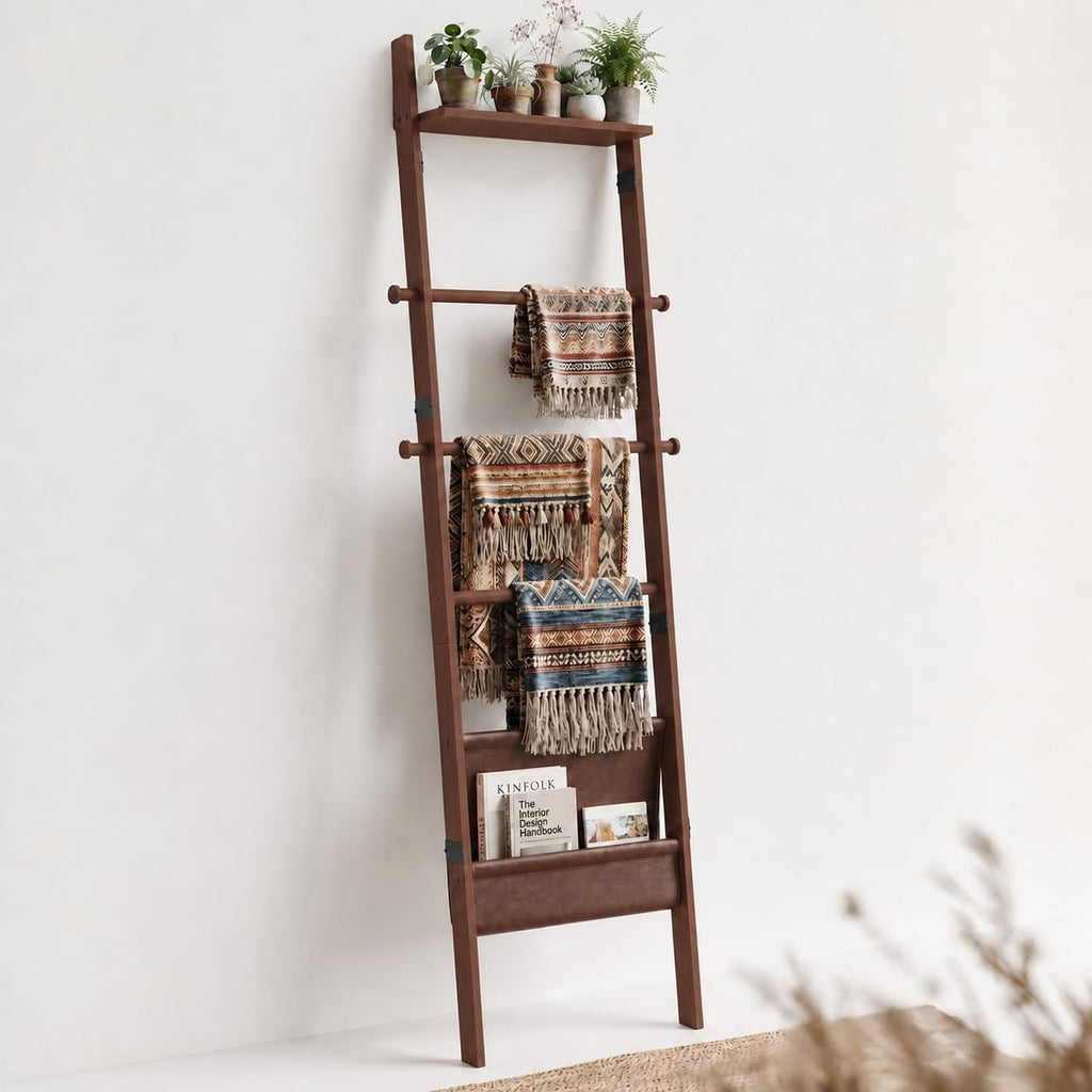 BAMBANG 71" 4-in-1 Blanket Ladder for Living Room, 5-Tier Leaning Bamboo Decorative Towel & Quilt Rack with Magazine Leather Pocket, 4 Detachable Hanging Bars, Space-Saving Shelf for Bedroom (Brown)