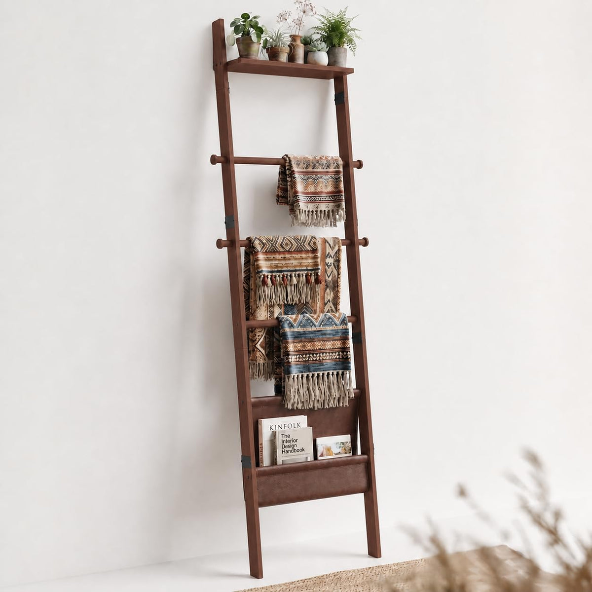 BAMBANG 71" 4-in-1 Blanket Ladder for Living Room, 5-Tier Leaning Bamboo Decorative Towel & Quilt Rack with Magazine Leather Pocket, 4 Detachable Hanging Bars, Space-Saving Shelf for Bedroom (Brown)
