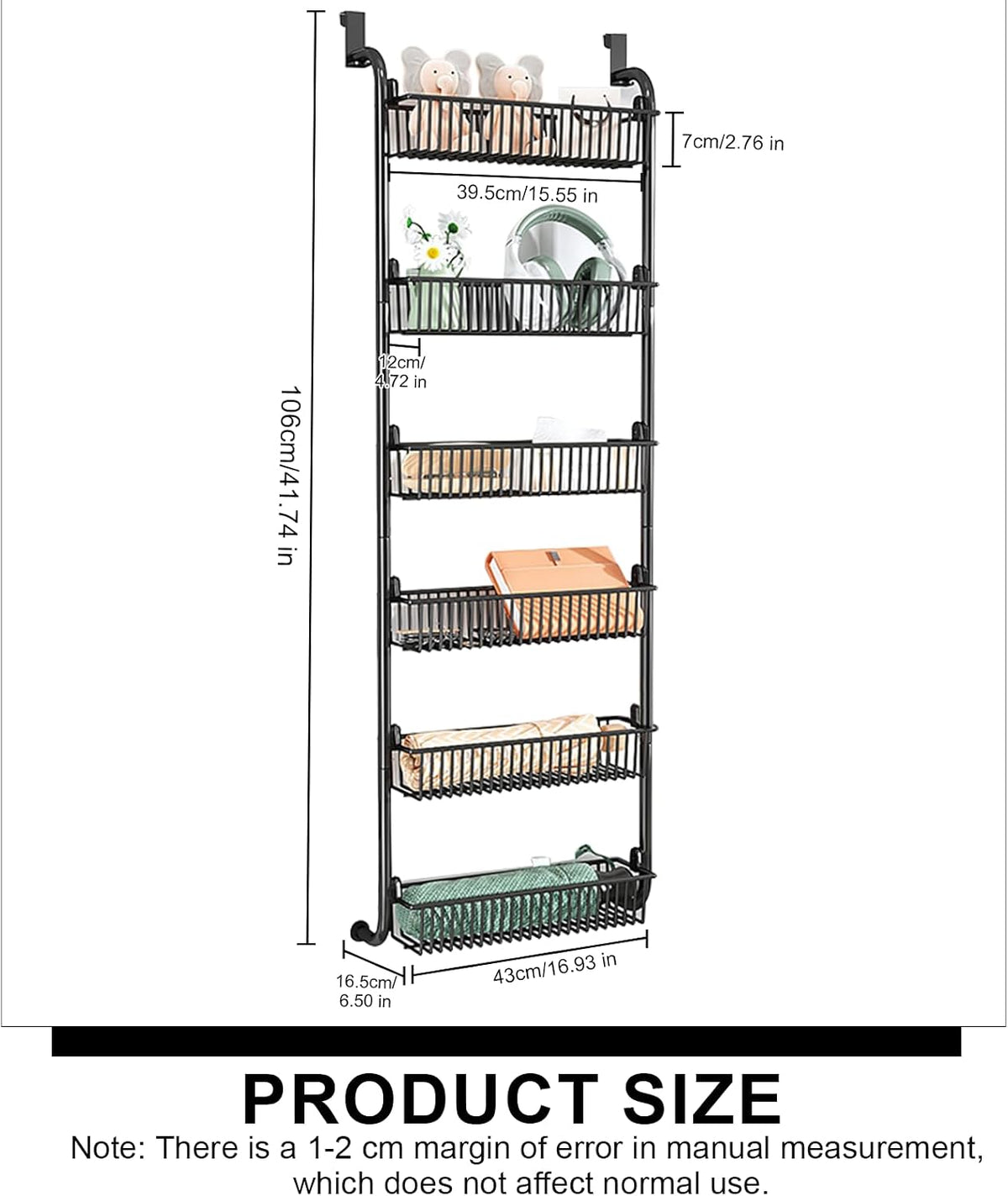 Over the Door Organizer, Metal Behind Door Hanging Storage, Toys Umbrellas Bags Organizer Rack, Large Capacity Organizer for Bedroom Bathroom Kitchen Pantry Closet Cabinet (Black,Six-Tier)