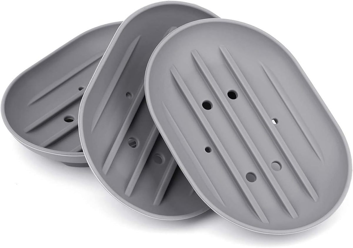 Anwenk Soap Dish, Bathroom Soap Dishes Soap Holder Soap Tray with Holes to Drain Water- Oval Shape Soap Dish for Shower Bathroom Kitchen Counter Top, Keep Bars Dry - Flexible Silicone Grey, 3 Pack