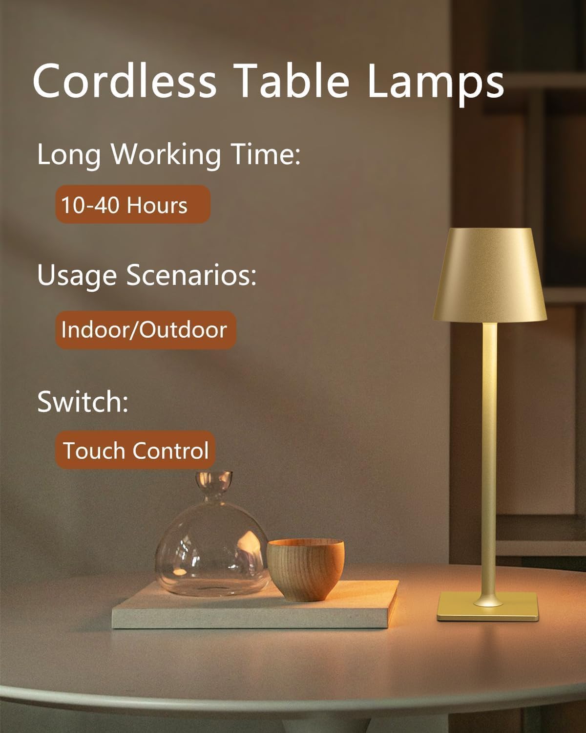 Fizrice Rechargeable Table Lamp Cordless Battery Operated, Gold 2 Pack