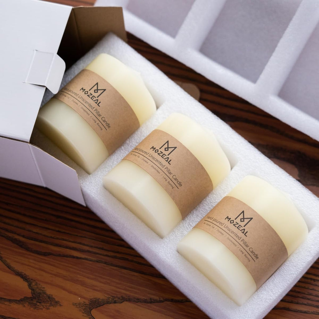 MOZEAL 3" x 8" Hand-Poured Unscented Candles,Large Ivory Pillar Candles Set of 2,No Drip,Approx 120 Hours Long Burning,Wedding,Dinner,Christmas and Home Decor（3 Inch Diameter 8 Inch Height）