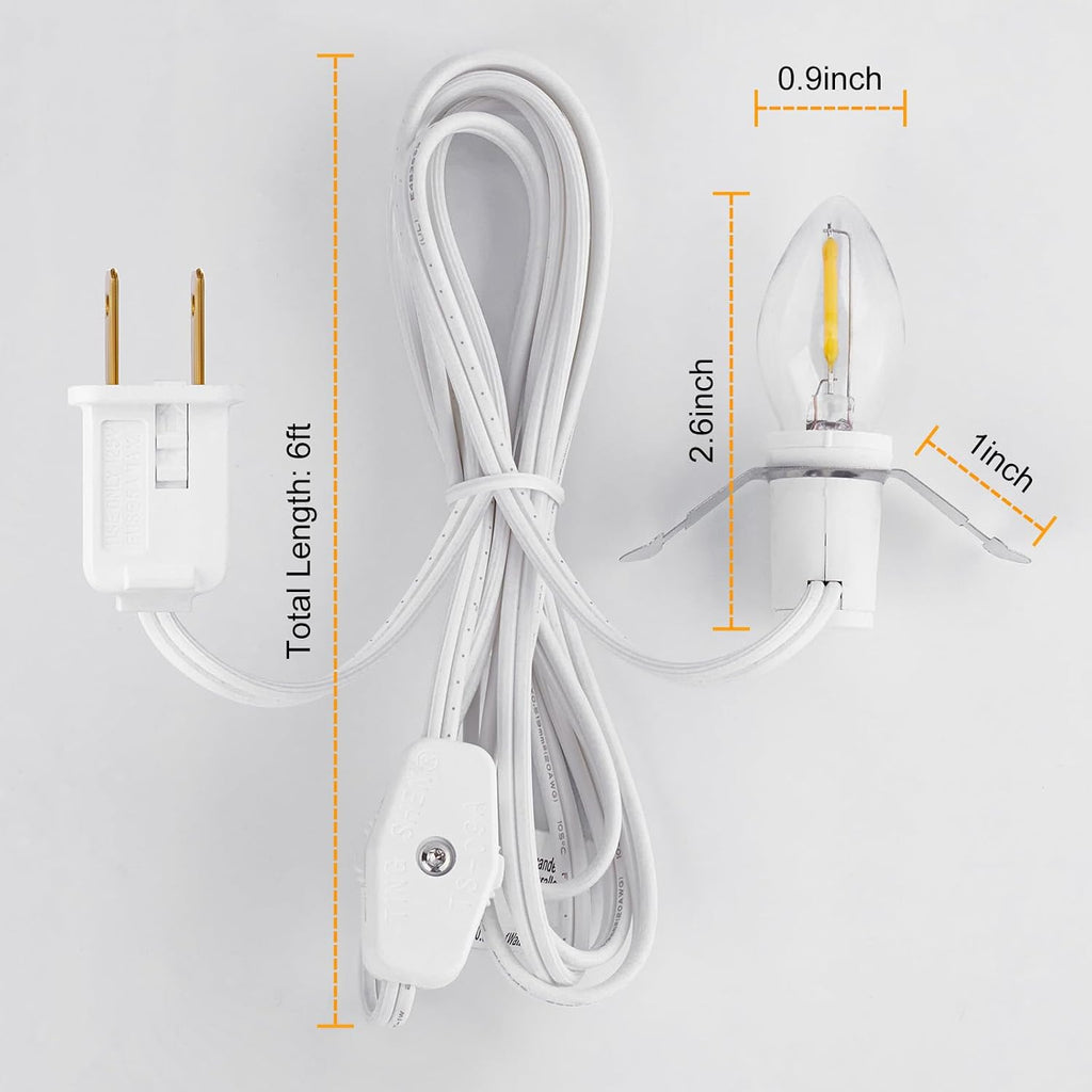 Brightown Accessory Cord with 2 LED Light Bulbs - UL Listed 5 Feet Christmas Village Cords, Rotary Switch, Fused Plug for Crafts, Halloween Pumpkin, Holiday Ornaments, White Cord, Warm White, 2 Pack