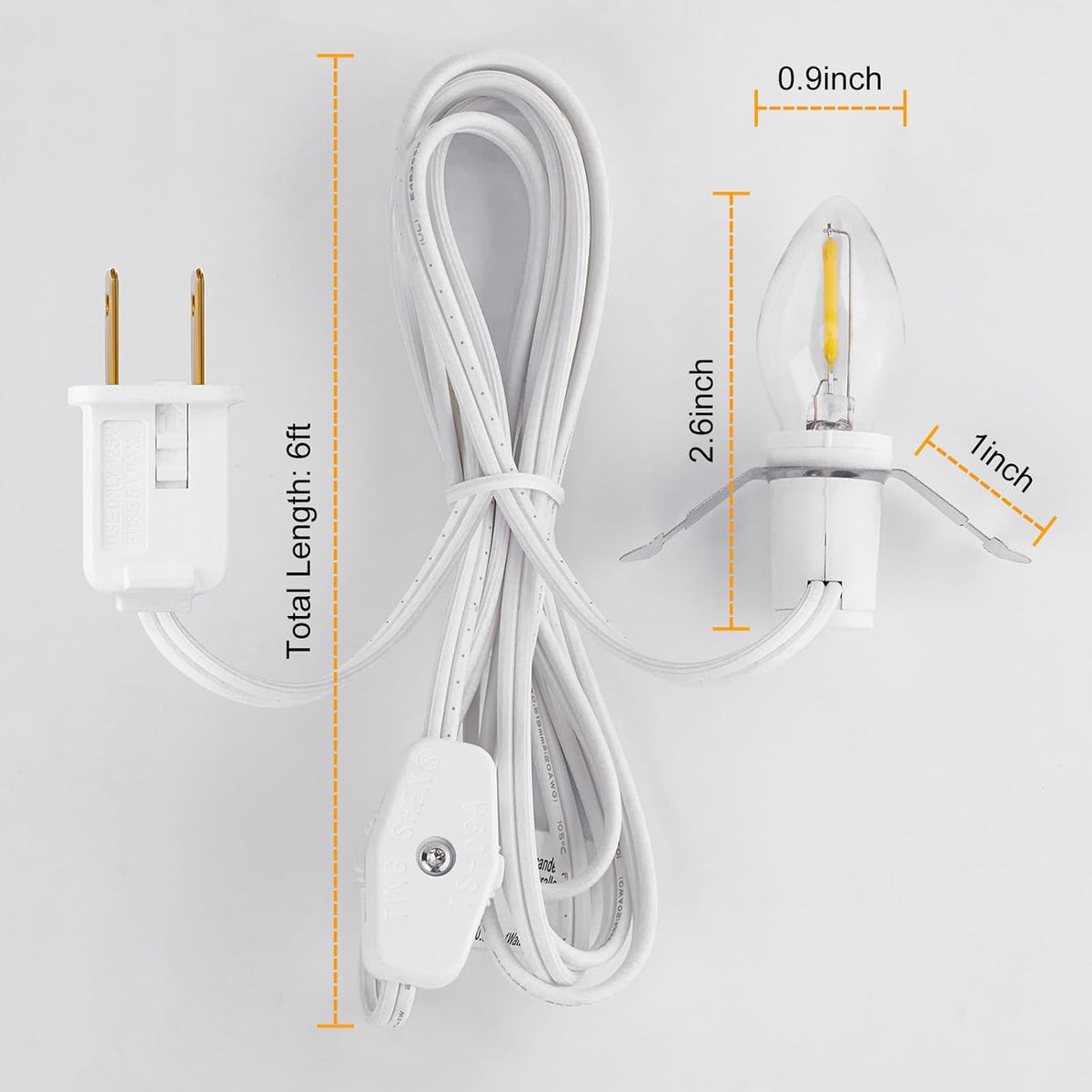 Brightown Accessory Cord with 2 LED Light Bulbs - UL Listed 5 Feet Christmas Village Cords, Rotary Switch, Fused Plug for Crafts, Halloween Pumpkin, Holiday Ornaments, White Cord, Warm White, 2 Pack