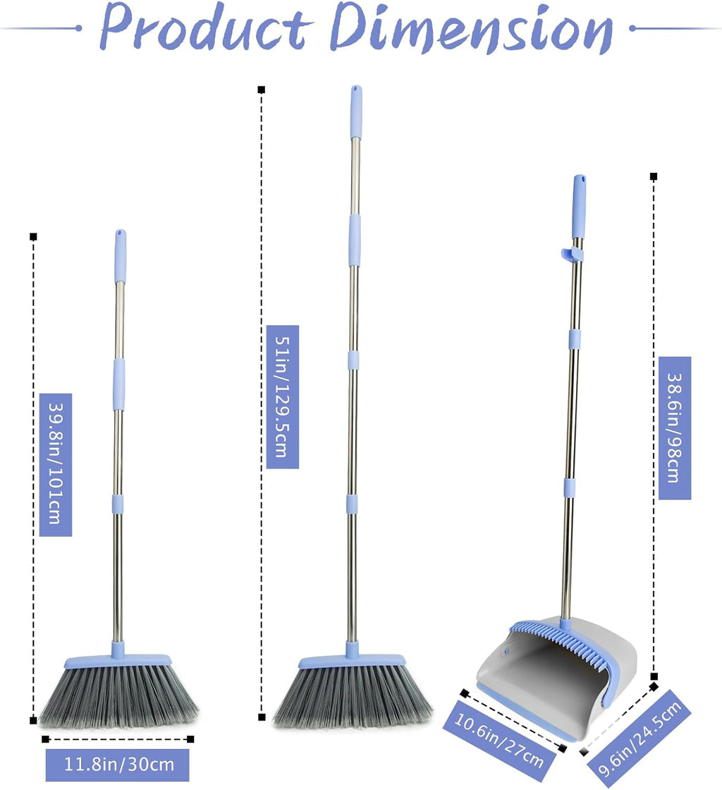 Broom and Dustpan Combo Set, Long Handle and Standing Dust Pan with Comb Teeth, Efficient Floor Cleaning for Kitchen, Outdoor, Dorm, Apartment, Office Lobby (Gray Blue)