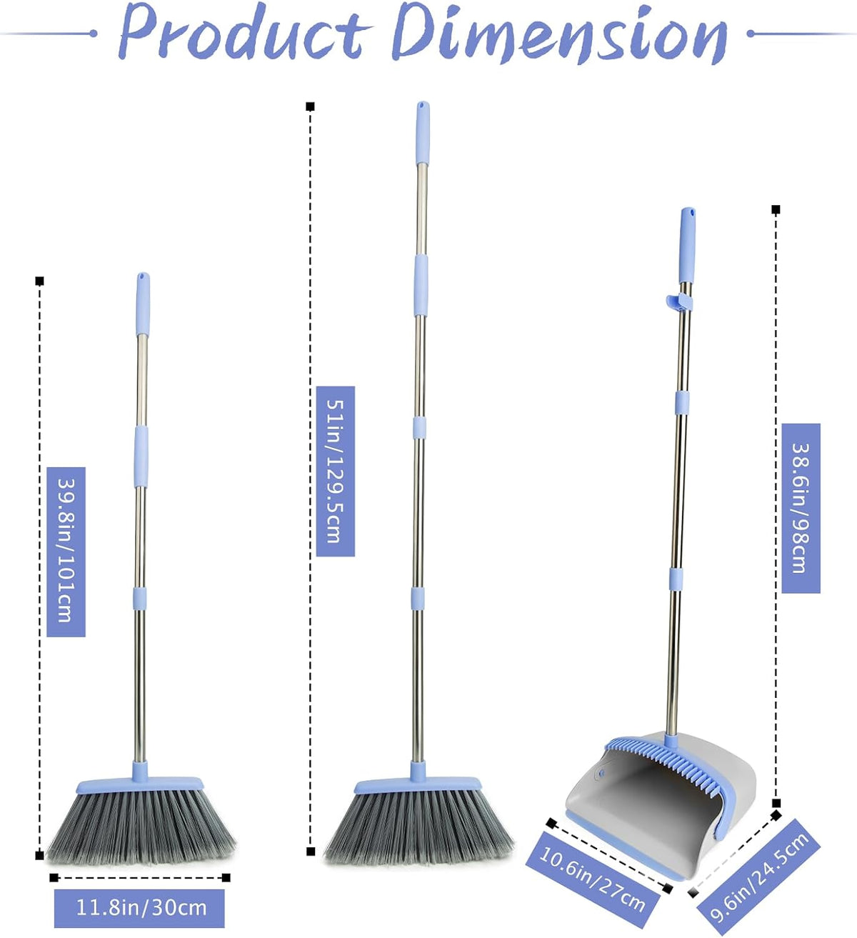 Broom and Dustpan Combo Set, Long Handle and Standing Dust Pan with Comb Teeth, Efficient Floor Cleaning for Kitchen, Outdoor, Dorm, Apartment, Office Lobby (Gray Blue)