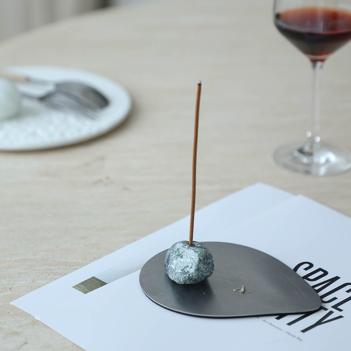 Marble Incense Stick Holder Handmade Irregular Stone and Steel Ash Catcher
