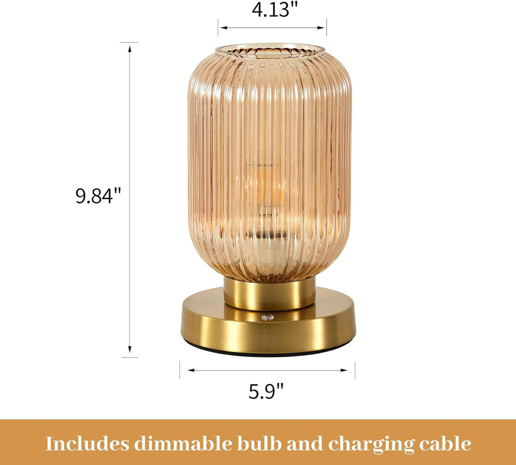 Rechargeable Amber Glass Table Lamp,Vintage Ribbed Bedside Lamp