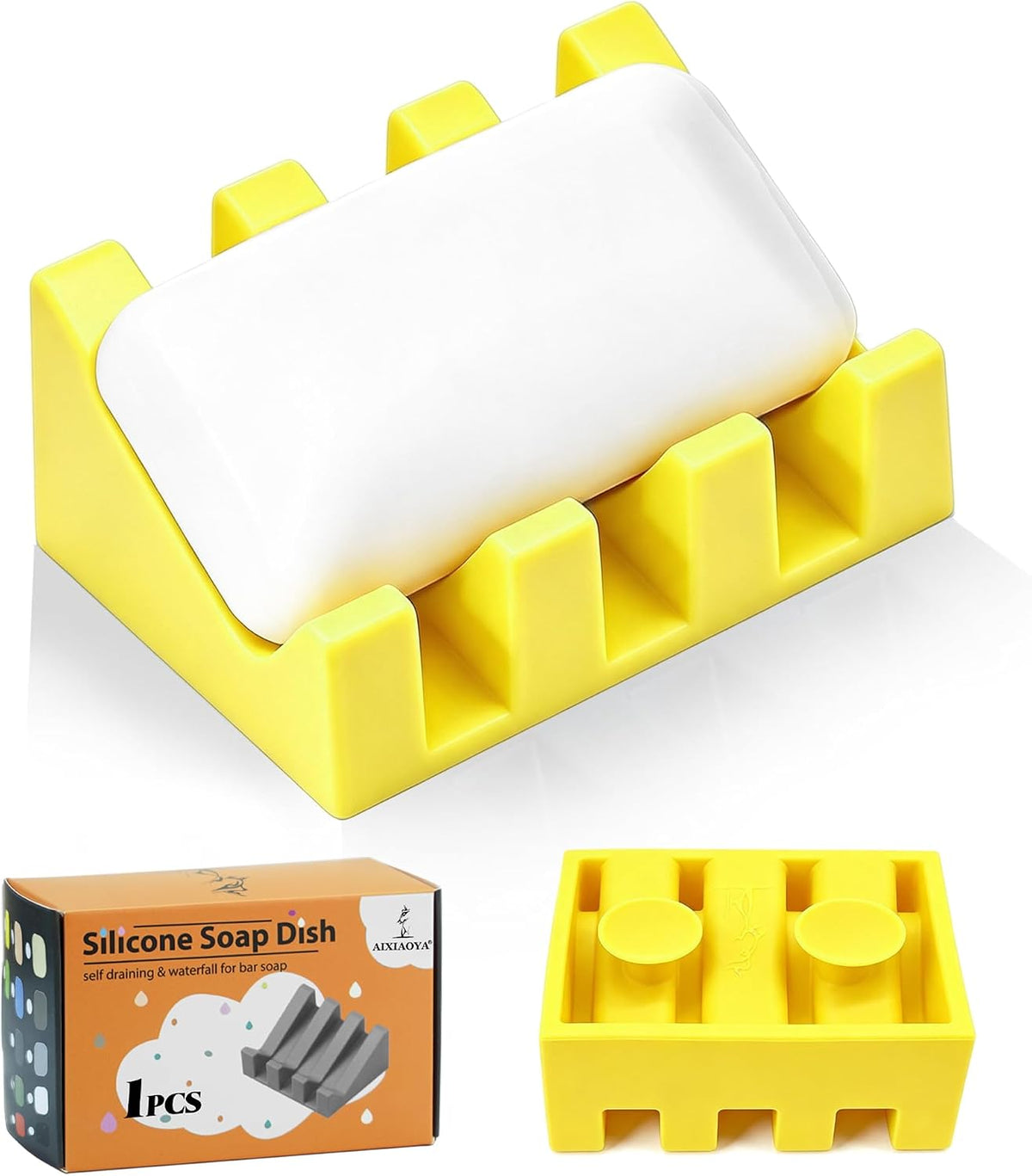 Silicone Soap Dish Self Draining with Suction Cups (Yellow,1 Pack)