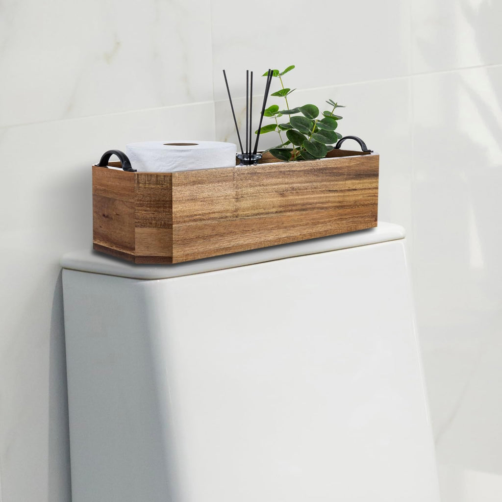 MyGift Wood Bathroom Tray Toilet Tank Organizer Caddy Metal Handles
