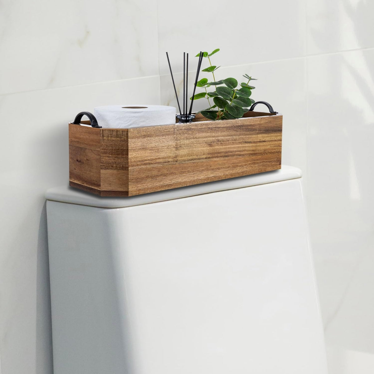 MyGift Wood Bathroom Tray Toilet Tank Organizer Caddy Metal Handles