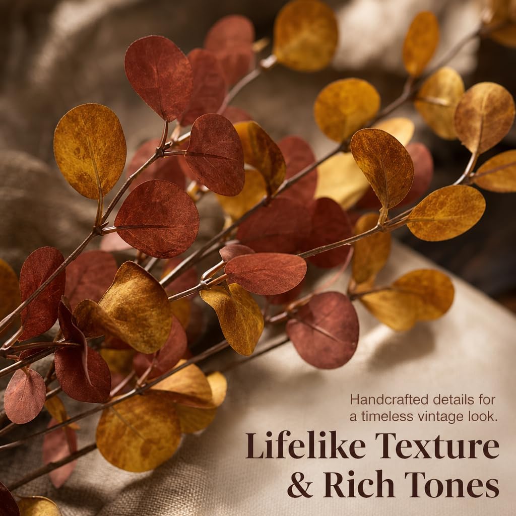 6pcs Eucalyptus Stems Fake Brown Orange Fall Leaves Artificial Silk Flowers Autumn Decor Bouquet Faux Branches Centerpiece Flores Plants for Home Party Decor Wedding Decoration