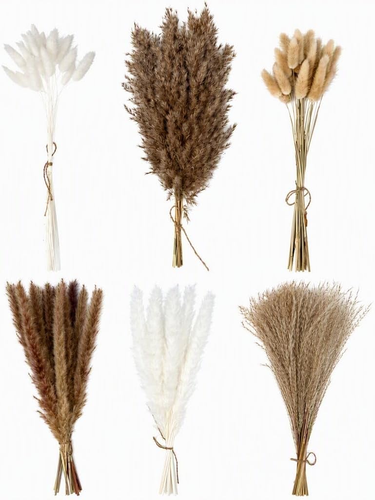 Dried Pampas Grass, 17 Inch, 110 Stems, 6 Bundles, Natural & White Tones